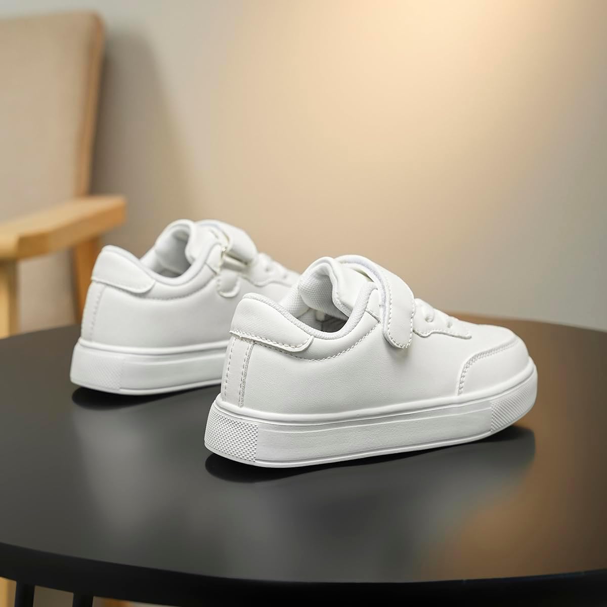 Kids Casual Sneakers, White, Synthetic Leather, Hook-and-Loop Closure, Unisex Children's Athletic Shoes