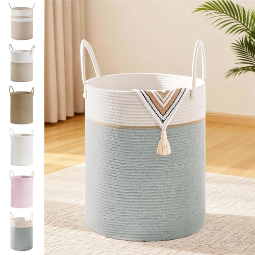 Image of 53L Tall Cotton Rope Laundry Basket with Handles, Sage Green