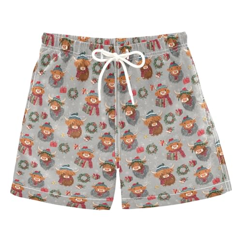 Boys Swim Trunks Quick Dry UPF 50+ Beach Board Shorts Kids Bathing Suits Swimsuit 2T Highland Cow Christmas