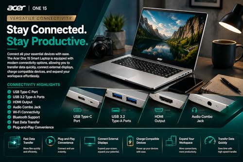 Image of Acer One 15 Smart Laptop AO15-41M-G2 | AMD Ryzen 3 7320U | AMD Radeon 610M Graphics | 8GB LPDDR5 RAM | 256GB NVMe SSD | 15.6 inch FHD Display | Windows 11 Home | Silver