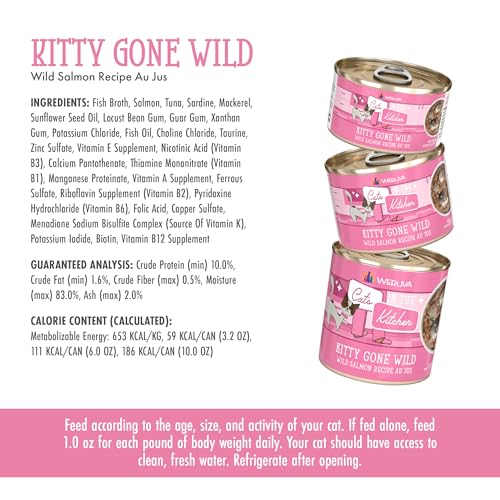 Image of Weruva Cats in The Kitchen, Kitty Gone Wild with Wild Salmon Au Jus Cat Food, 3.2oz Can (Pack of 24)