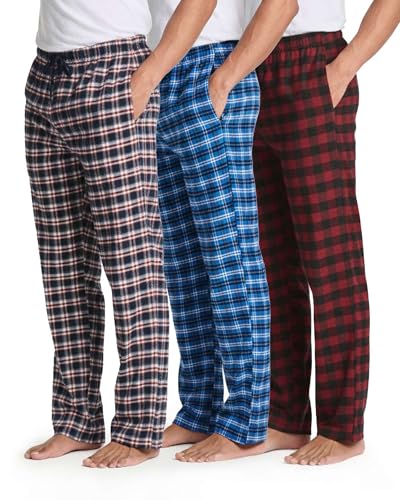 Image of Real Essentials 3 Pack: Men's Soft Cotton Flannel Pajama Pants PJ Lounge Bottoms Elastic Waist Pockets (Big and Tall)