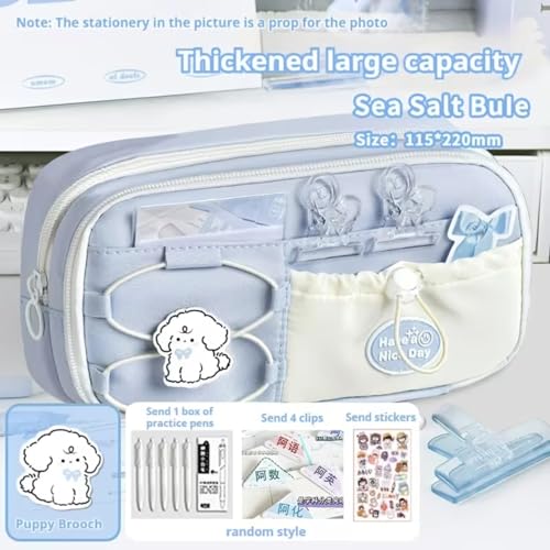Image of Kawaii Cute Aesthetic Pencil Case for Girls & Boys | 3 Layer 6 Compartment Large Capacity Pencil Pouch with Zipper | Cartoon Stationery Organizer Bag for Students & Kids (Nice Blue)