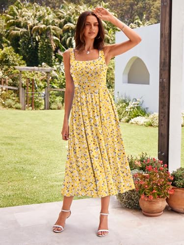 Image of Sureple Midi Dresses for Women 2026 Spring Square Neck Tank Sleeveless A Line Casual Summer Sundresses with Pockets