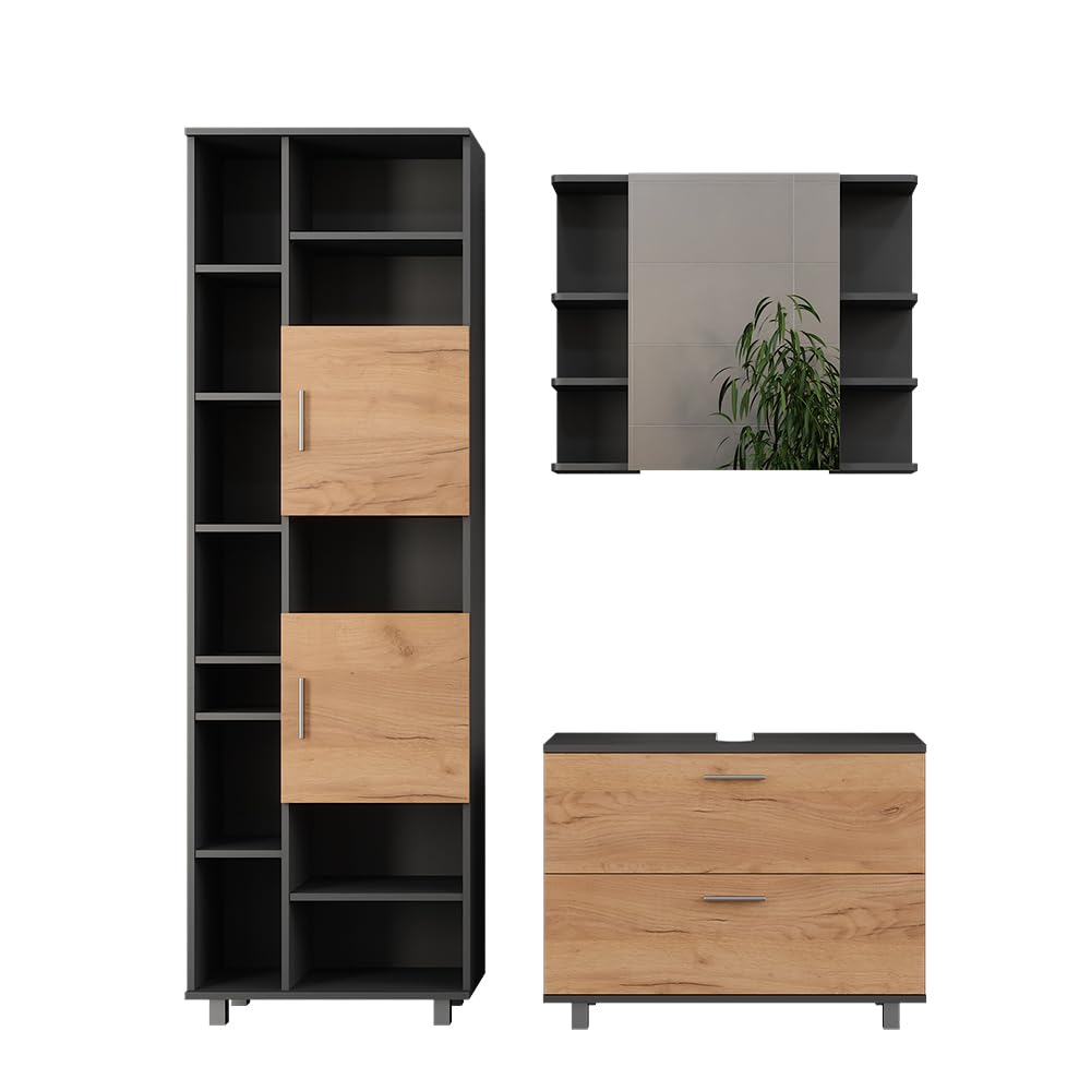 Vicco Zestaw mebli łazienkowych "Ilias", Złoty dąb power/antracyt, 80.2 cm | składa się z szafki pod umywalkę, szafki z lustrem i słupka