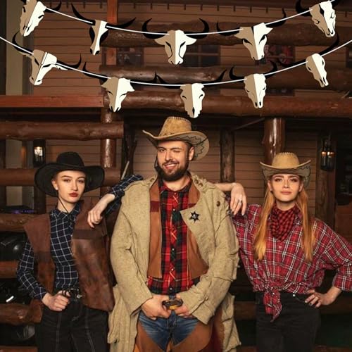 Image of Hooqict Western Cowboy Rodeo Party Banner Western Birthday Party Decorations Bull Skull Banner Western Happy Birthday Banner Garland for Wild West Country Birthday Decorations