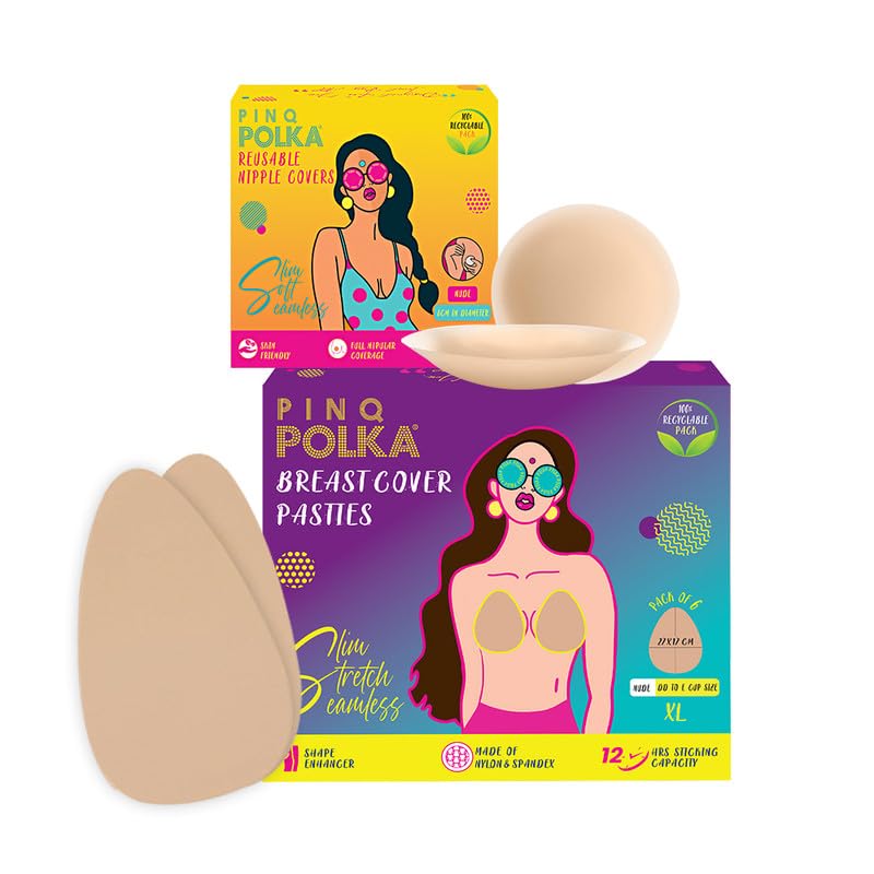 pinq polka Breast Lift Tape Pasties 6 Pcs with 10 Nipple Pasties for DD-E Cup Size and 2 Pcs Reusable Nipple Cover 8CM|Shape Enhancer Body Tape|Skin Friendly |Push Up Tape|Nude Colour Combo of 18 pcs-picture-22