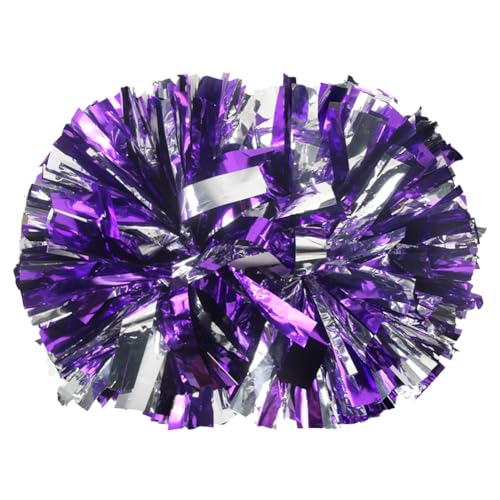 Hooshing 2PCS Purple and Silver Pom Poms Cheer Professional Metallic Cheerleading Pom Poms with Baton Handle for Cheer Squad Team Sports Spirited Party Dance Training