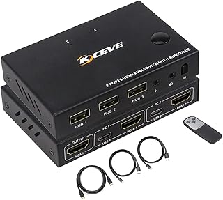 2 Ports HDMI KVM Switch, USB 2.0 Switcher Box 2 In 1 Out With Audio Port Support 3.5mm Jack and Mic For 2 Computers Share Keyboard And Mouse Support 4K@30Hz