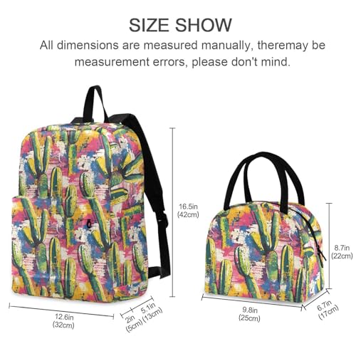 Backpack Lunch Bag Set Painting Cactus Print, Big Storage Travel Backpacks with Insulated Lunch Box for Office Hiking Picnic2