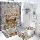 DuoBaorom 4 Pieces Set King Shower Curtain Set Abstract Golden Crown with Letter King Grey Artwork...