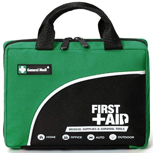 General Medi 160 Piece Compact First Aid Kit Bag – Including Cold (Ice) Pack, Emergency Blanket, Moleskin Pad,Perfect for Travel, Home, Office, Car, Camping, Workplace (Green)
