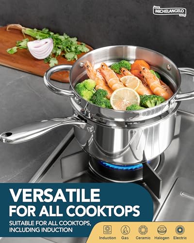 Image of MICHELANGELO 1.5 Quart Saucepan with Steamer, Stainless Steel Saucepan with Lid, Triply Bottom Induction Compatible, Multipurpose Sauce Pot, Dishwasher Safe