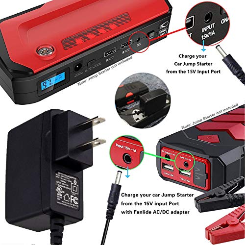 Fanlide Dc 15V 1A Adapter Charger For Car Jump Starter, Peak 450A 500A 600A 800A 1000A Auto Battery Booster Jump Starter Charger #TOP4