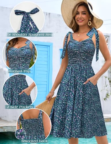 Image of Kranda Women 2026 Summer Casual Spaghetti Strap Sundress V Neck Sleeveless Flowy Boho Floral Midi Dress with Pockets
