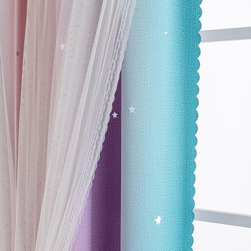 Image of indistar Colourful Stripe Star Cut-Out Blackout Curtains for Bedroom,2 Layers Mix Design of Fabric & Tulle,Pretty Window Curtain for Kids Room 1 Panel (W52 x L63 Purple Pink Green)
