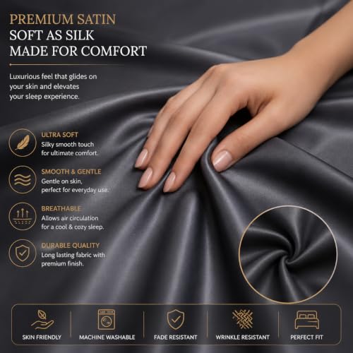 DECORUM Satin Fitted Bedsheet King Size 72x78x10 Inches Charcoal Black - Image 7