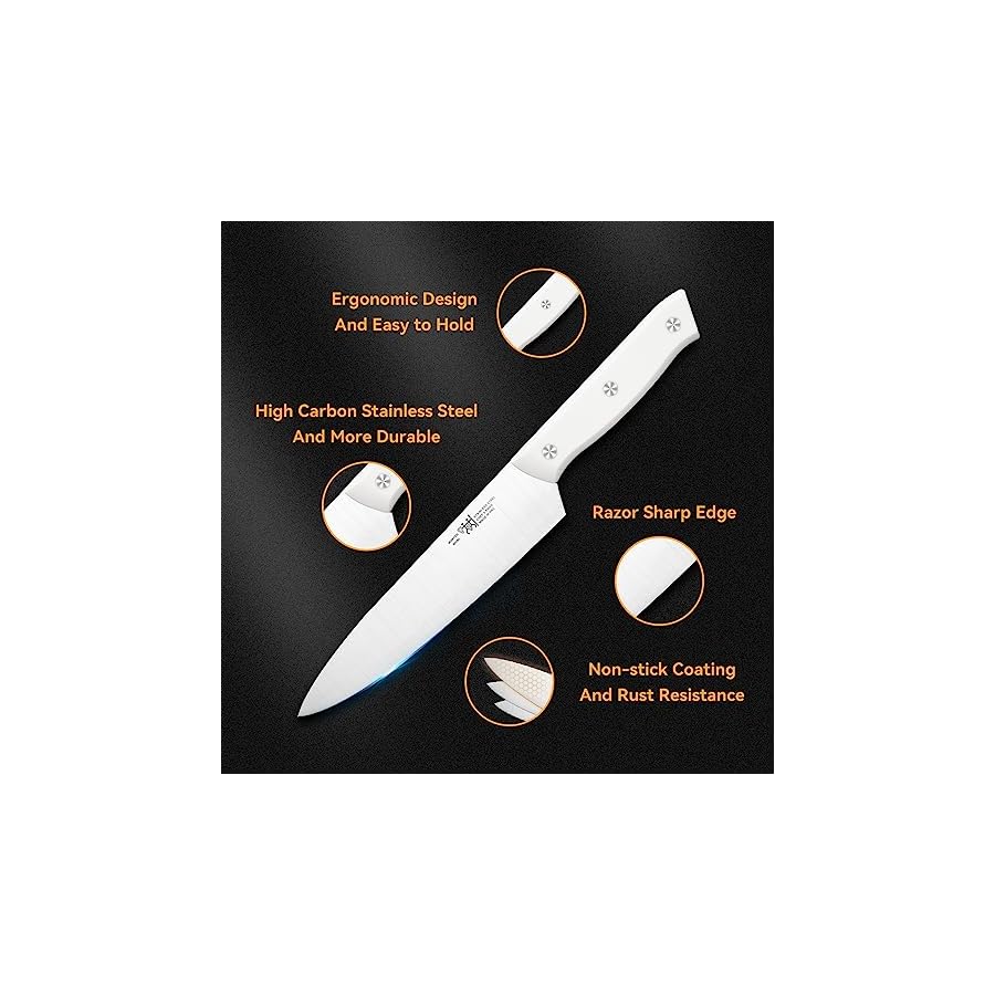 Knife Set, 15 PC Kitchen Knife Set with Block and Built-in Sharpener, 6 Steak Knives, Razor Sharp, Ergonomic Handl (White)