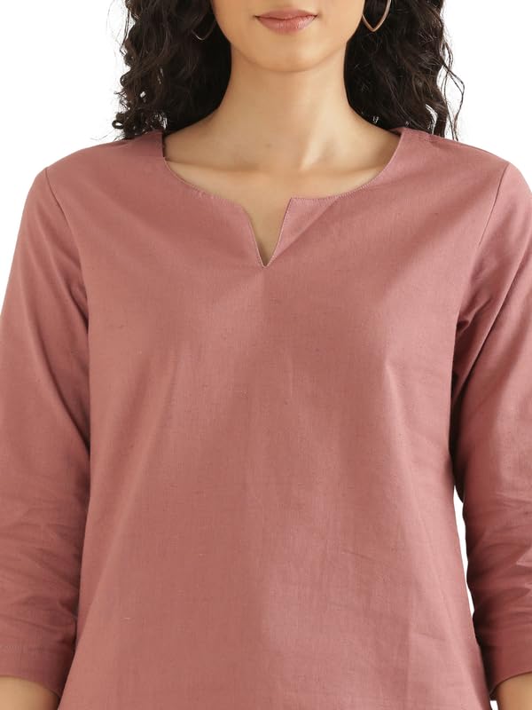 Image of SAADAA Airy Linen Split Neck Short Kurta for Women | Casual & Office Wear | 3 /4 Sleeves, Comfortable Fit | Elegant Top | Lightweight & Breathable Fabric |