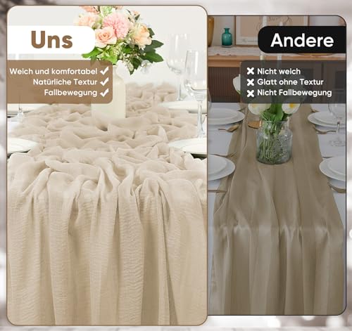 Anstore Beige Cheesecloth Table Runner 31"x118",9.8FT Long Gauze Table Runner,80×300cm Sheer Boho Tablecloth for Wedding Reception Sheer Bridal Baby Shower Party Banquet Dining Table Decoration Fabric - Image 5