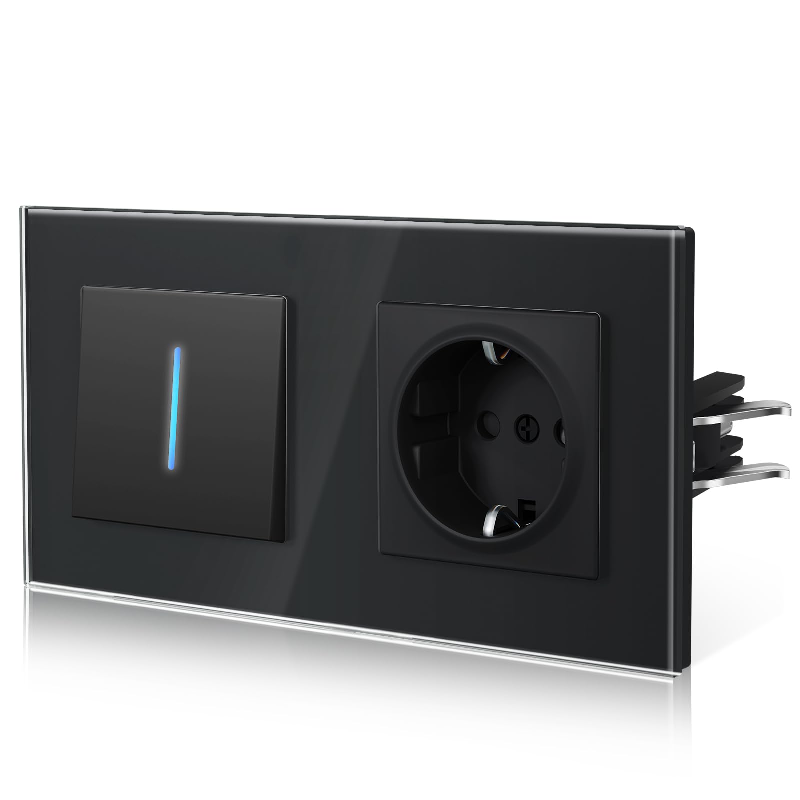 BSEED Plug and Switch, Switch Switch with Hook,Rocker with LED Lights, Glass Panel, Child Safety, Easy Installation, E-Series, 1 Gang 2 Way with Plug, 157 mm Black