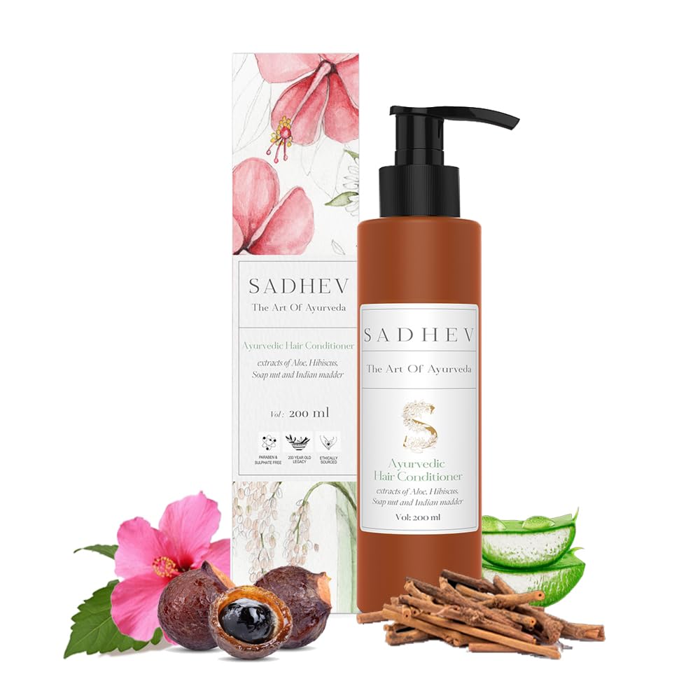 SADHEV Ayurvedic Hair Conditioner with Hibiscus, Aloe Vera & Reetha | Deep Conditioner for Dry, Frizzy & Damaged Hair | Softens, Repairs & Adds Natural Shine Vegan, Clean Hair Care | 200ml