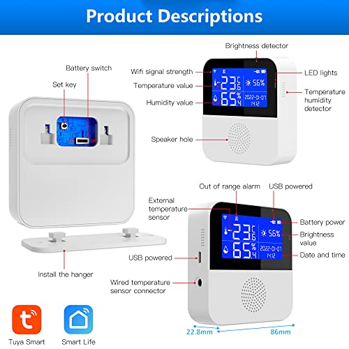 WiFi Hygrometer Thermometer Sensor with External Probe,Aquarium Thermometer,Wireless Digital Monitor Real-time sync Update, Backlight LCD,Work with Tuya app,for Home Greenhouse,Fish Tank, Refrigerator