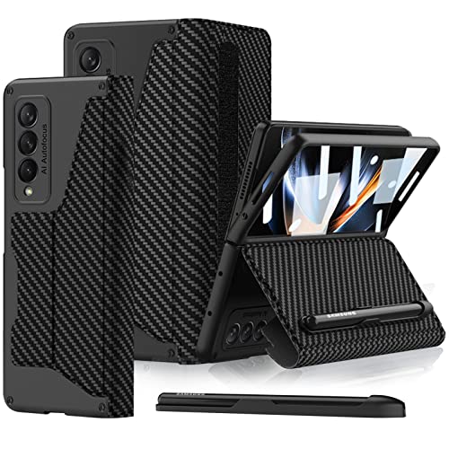 para Samsung Galaxy Z Fold 4 Funda con Porta Bolígrafo, Protector Pantalla Integrado, [Ranura para Tarjeta+Función de Soporte] Funda Cuero Antigolpes para Samsung Z Fold 4 5G 2022 [Carbon Fiber] Cover