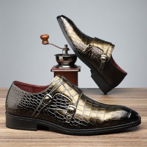 Santimon Men's Crocodile Print Double Monk Strap Dress Shoes Leather Formal Business Buckle Loafers4