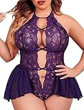 Avidlove Womens Plus Size Lingerie Lace Bodysuit Teddy Deep V One Piece Lace Babydoll Purple