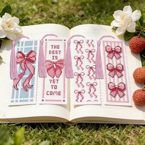 Image of ACRNIGHEET 6PCS Cross Stitch Bookmark Kit for Beginner Cute Pink Bow Stamped Cross Stitch Kits Needlepoint Kit for Adults DIY Tassel Embroidery Bookmark Kits with Instructions Craft Gift 8.5 inchx3 inch 11CT