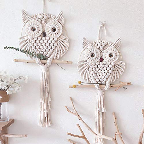 HAPYFURN Attrape reve Hibou Décoration Murale en Macramé Chouette Faite à la Main pour Chambre à Coucher, Salon Chambre d'enfant Galerie Maison Appartement, Bureau ou Jardin (Diamètre 15cm)