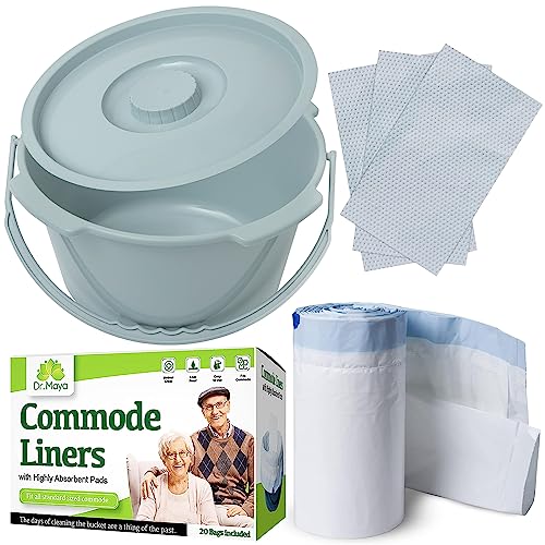 Dr. Maya Commode Bucket Set with 20 Commode Liners and Absorbent Pads - No Leak Bedside Replacement Bucket with Lid and Handle - Universal Size for Commode Liners and Bedside Commode Liners