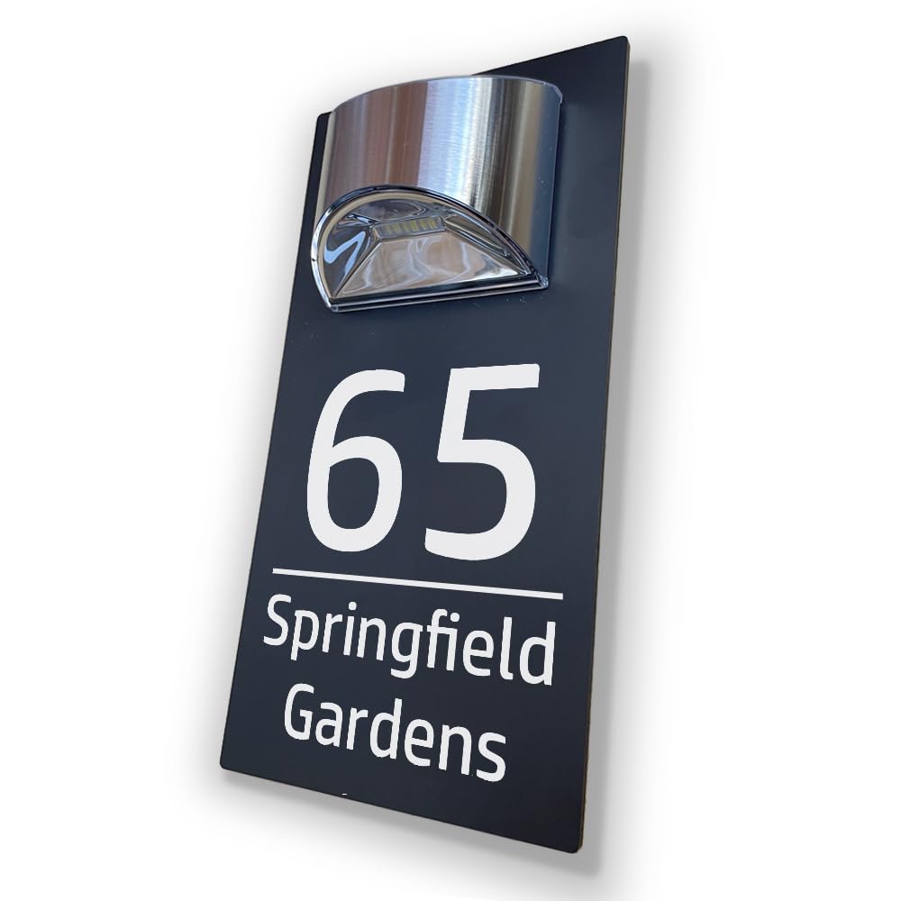 House Numbers Plaques With Solar Light Door Number House Signs Door For Wall House Name For Outside House Number Plaques With Light (Matt Grey & Classic Text)