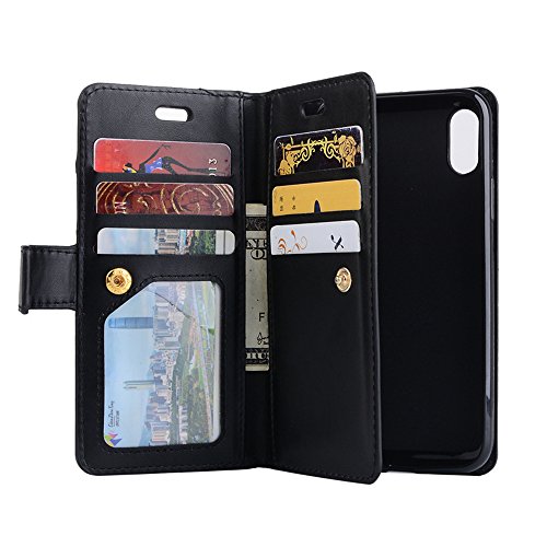 iPhone 7 Plus Wallet Case, iPhone 8 Plus,Premium PU Leather Handbag Case with Hand Strap, with Credit Card Holders Cover,Wallet Case for Girls Women Men, Retro Vintage Cover Case - Black
