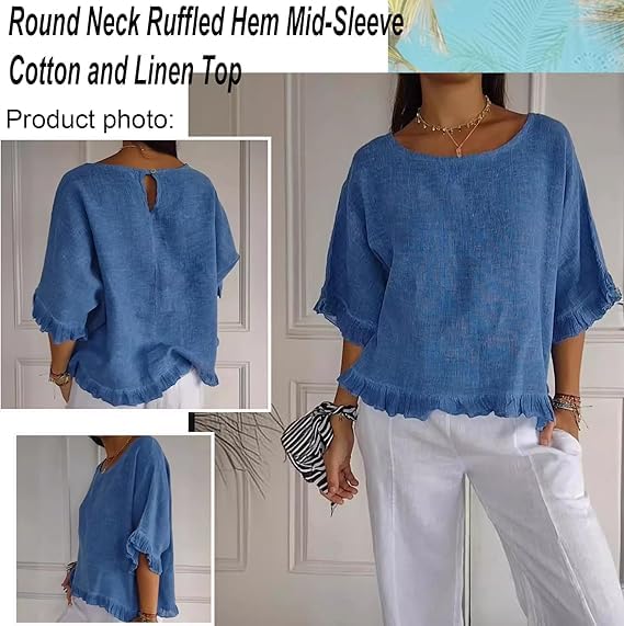 2PCS Round Neck Ruffled Hem Mid-Sleeve Cotton and Linen Top, Casual Short Sleeve Blouses Linen Tops for Women (S,07)
