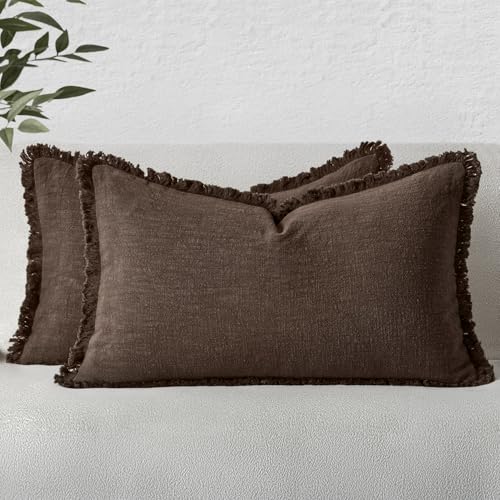 Image of MIULEE Decorative Lumbar Throw Pillow Covers Neutral Linen Fringe Throw Pillows Set of 2 Reddish Brown Boho Farmhouse Cushion Covers for Couch Sofa Bed Living Room Spring Home Decor 12x20 Inch