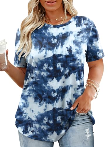 Image of VISLILY Plus-Size-Tops for Women Casual Short Sleeve T Shirts Trendy Tie Dye Crewneck Tees Comfy Loose Fit Tunics XL-5XL