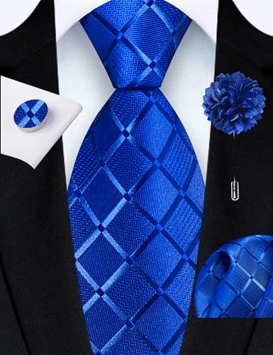 Image of GUSLESON 3.15 inch(8cm) Mens Tie and Lapel Pin Plaid Checkered Necktie Hankerchief Cufflinks Set for Men