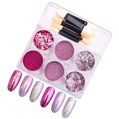Buqikma Buqikma Chrome Nail Powder Mirror Holographic Nail Art Powder 6 Jars Nail Sequins Glitter Pigment Mirror Effect Manicure Pigment with 8PCS Eyeshadow Sticks for Nail Salon (Pink)