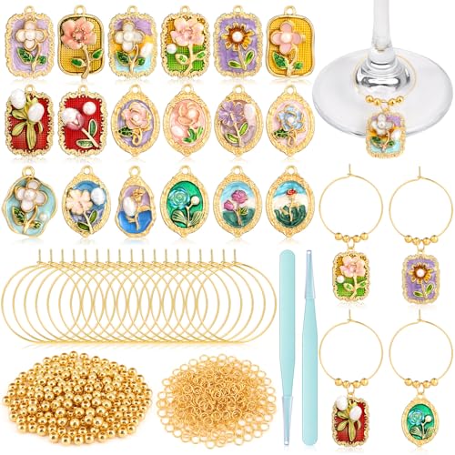 Sureio 18 Sets Wine Glass Charms Kit Enamel Floral Tulip Flower Wine Charms for Stem Glasses DIY Reusable Drink Markers for Party Favors