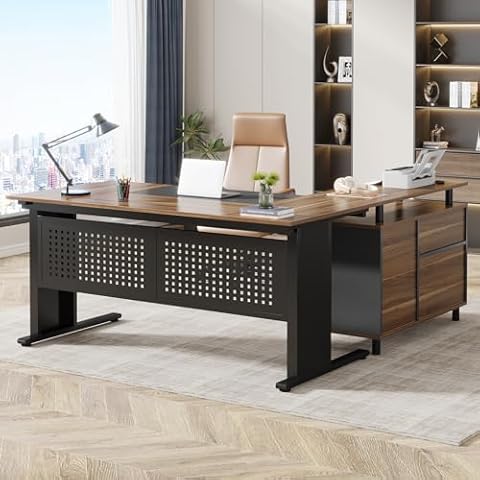 Tribesigns 63 Inch Executive Desk with File Cabinet, Large Office Desk L Shaped Computer Desk with Drawers and Storage Shelves, Business Furniture Desk Workstation for Home Office, Brown and Black Cover