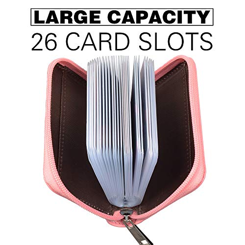 Image of Easyoulife Genuine Leather Credit Card Holder Zipper Wallet With 26 Card Slots (Pink)