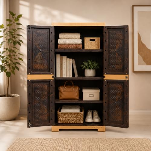 Image of 4.1 Feet Plastic Cabinet with 3 Shelves and Wooden Finish, Lockable Doors, Color - Teakwood and Amber Gold, for Home, Kitchen, Bathroom, Garage