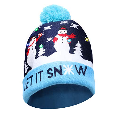 Preisvergleich Produktbild BeauFlw Mütze mit LED-Beleuchtung, Strickmütze, Bunte Lichter, Weihnachtsmütze, Unisex Strickmütze für Party, Blau