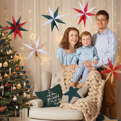 Image of 12 Inches 5 PCS Cindy Paper Star Lanterns Red Green White Christmas Party Decorations Hanging Stars Christmas Party Decorations Wedding Birthday Christmas Home Party Decorations(9 Pointed)