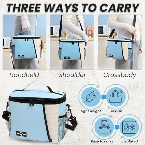 Image of OCEANEVO Insulated Lunch Bag with Luggage Tag, Tiffin Bag for Office with Handle and Shoulder Strap for Men and Women - 25 x 17.5 x 20 Cm - Sky Blue