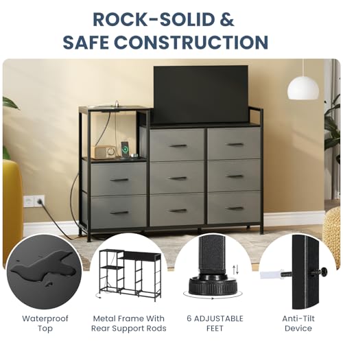 Image of DUMOS TV Stand Dresser with 8 Fabric Drawers & Open Shelves, TV Stand with Wooden Top, Entertainment Center with Charging Station for Living Room, Hallway, Grey