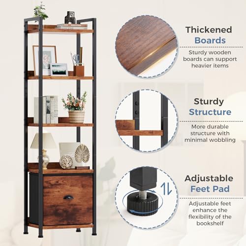Image of DUMOS 5 Tier Bookshelf with Fabric Drawer, Tall Industrial Bookcase, Narrow Display Standing Shelf, Wood and Metal Storage Shelf Organizer in Bedroom, Living Room, Brown