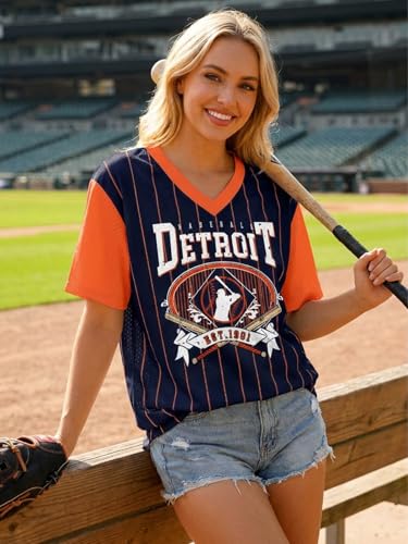 Baseball Shirt Women Baseball Mom Tshirt Striped Game Day Sports Fan Jersey Shirts V Neck Baseball Team Graphic Tee Tops Darkblue — view 5